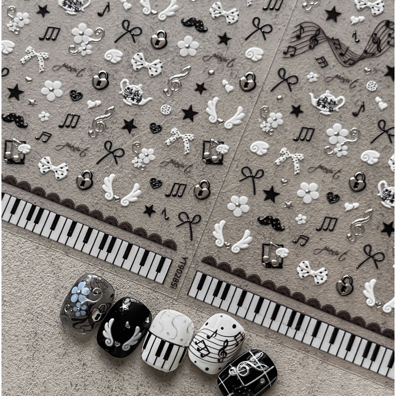 Audio Music Notes - Stiker Kuku Catatan Piano Hitam Putih